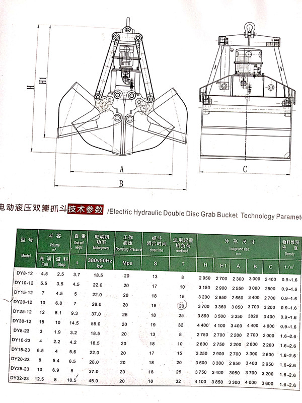 電動液壓雙瓣抓斗參數表_副本